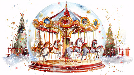 Fototapeta premium Watercolor illustration of a festive carousel inside a snow globe, surrounded by decorated Christmas trees and snowfall, capturing holiday charm