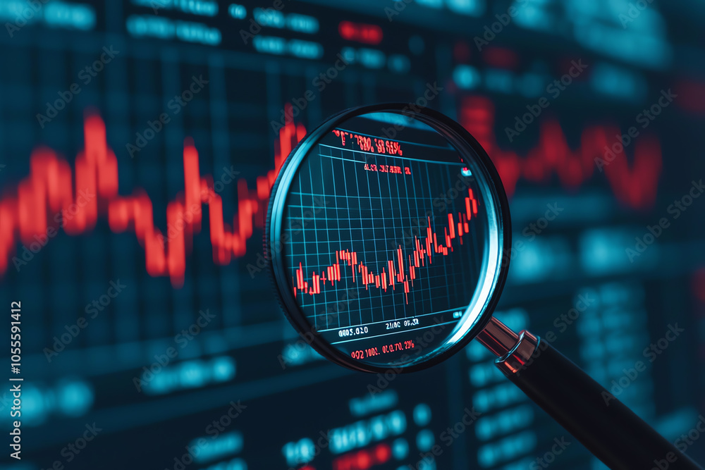 Aufkleber magnifying glass on a price forecast chart, emphasizing the scrutiny in future cost and value analys