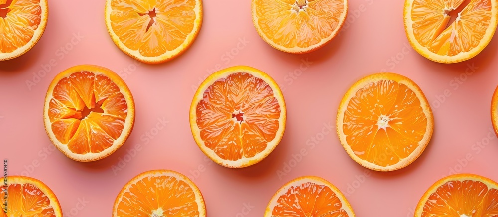 Poster creative summer concept featuring fresh orange slices displayed on a colored background in a top vie