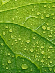 A high-definition macro photograph of crystal-clear water droplets delicately perched on the surface of a vibrant green leaf after a fresh rain.