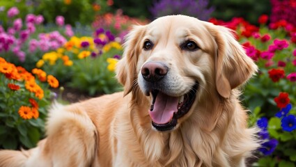Happy Golden Retriever in Colorful Flower Garden