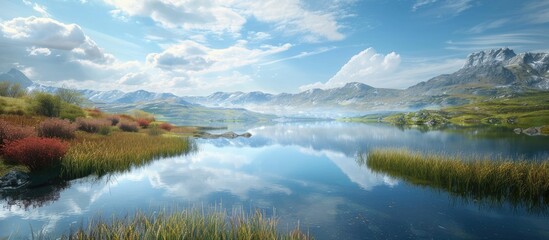 Obraz premium Scenic country landscape with a lake captured in a stunning copy space image