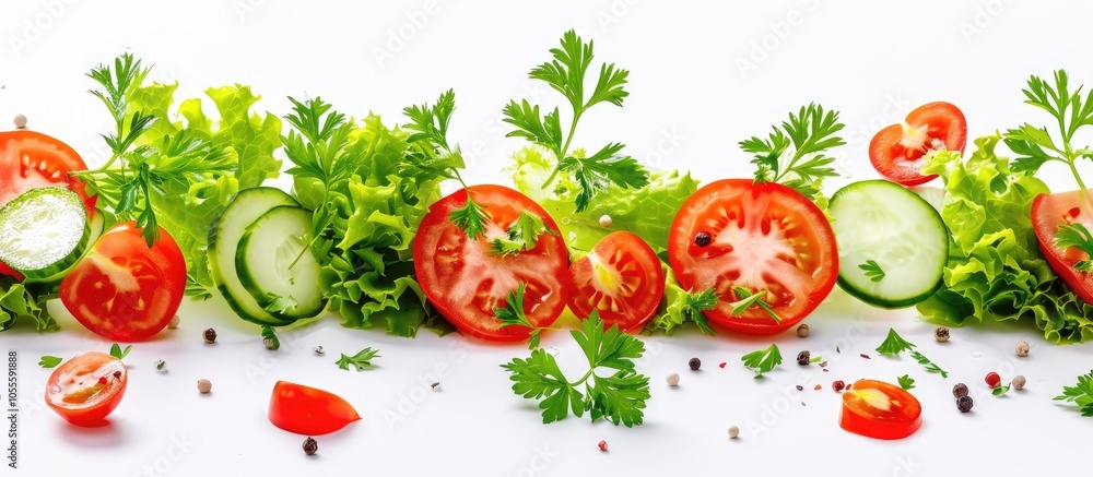 Poster various fresh vegetables like sliced tomatoes cucumbers lettuce parsley and peppers cascading in mot