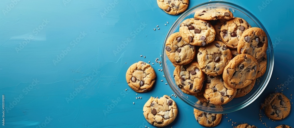 Poster a top view of cookies with a mix of seeds in a plastic bowl and tray against a blue backdrop with ro