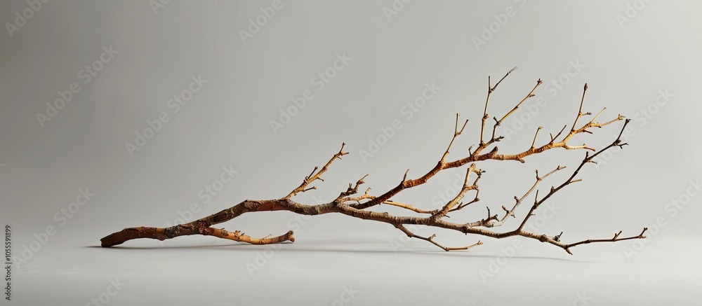Poster dried branch with notebook on a gray backdrop showcasing a serene composition with ample copy space 