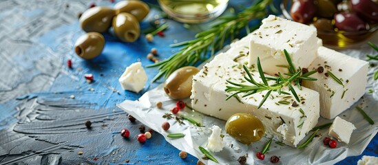 Blue background with a flavorful arrangement of feta cheese olives rosemary and peppercorn on a piece of paper providing a visually appealing copy space image