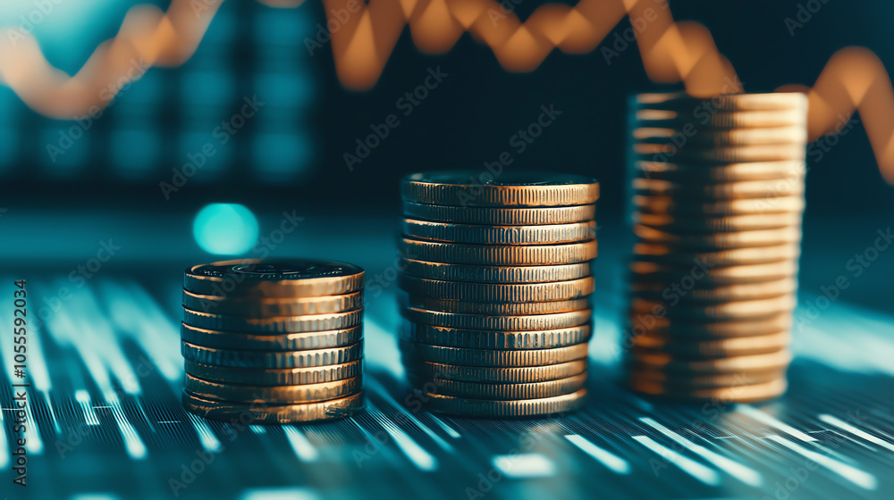 Poster table with stacked coins and a line chart, symbolizing financial projections and cost value assessme