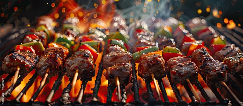 Poster grilled meat skewers and vegetables cooking on a fiery barbecue grill creating a vibrant and appetiz