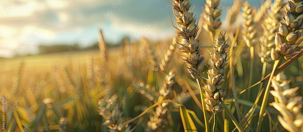 Poster close up of a ripe ear of wheat in the field with ample copy space image