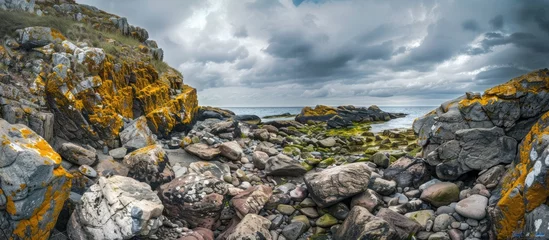 Fotobehang Scenic rocky seashore with stones adorned in yellow and green moss under a cloudy sky creating a picturesque landscape with copy space image © Ilgun