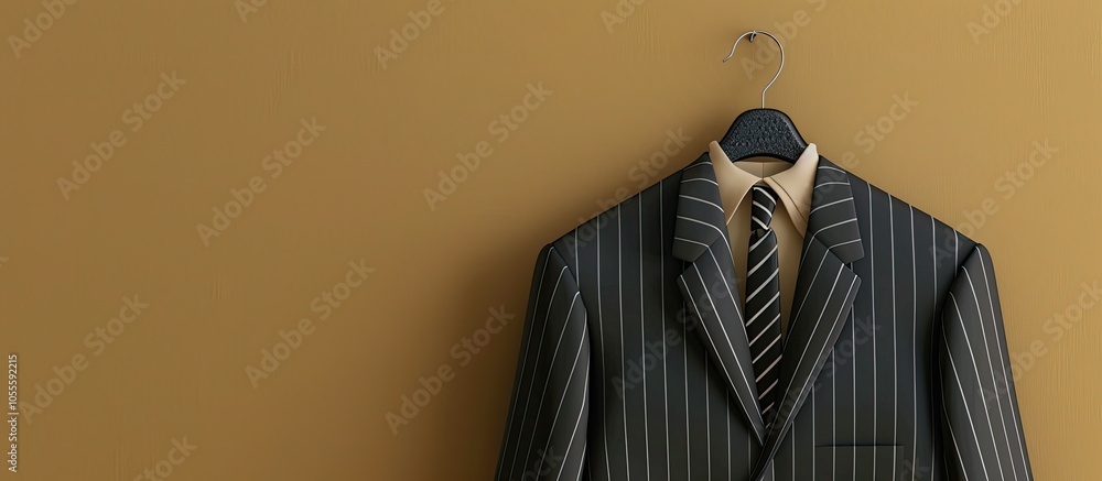 Poster light brown background with a black striped tie on a hanger offering space for text with a copy spac