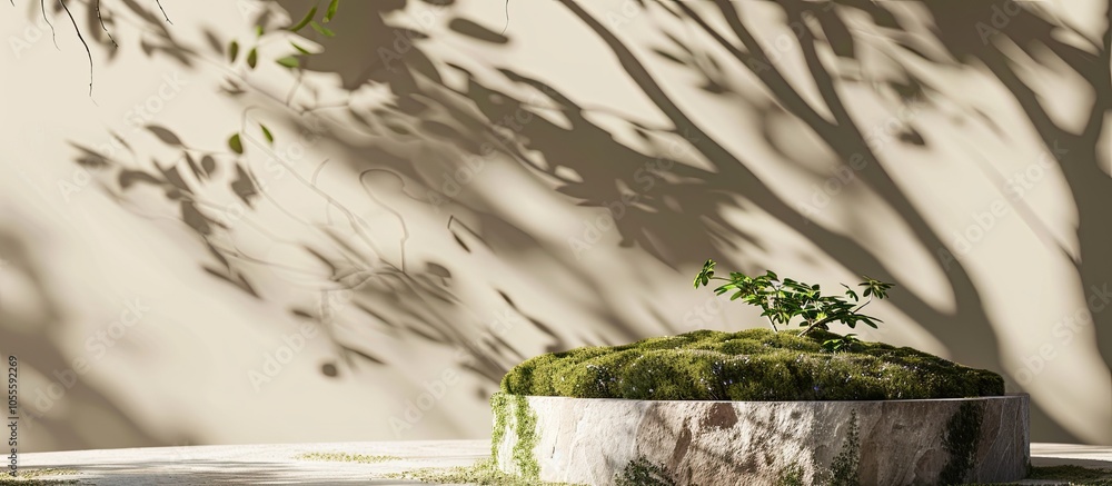 Poster stone podium covered in moss set against a beige background with tree shadows ideal for showcasing b