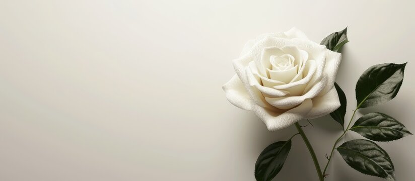 A white rose displayed on a white background with copy space image