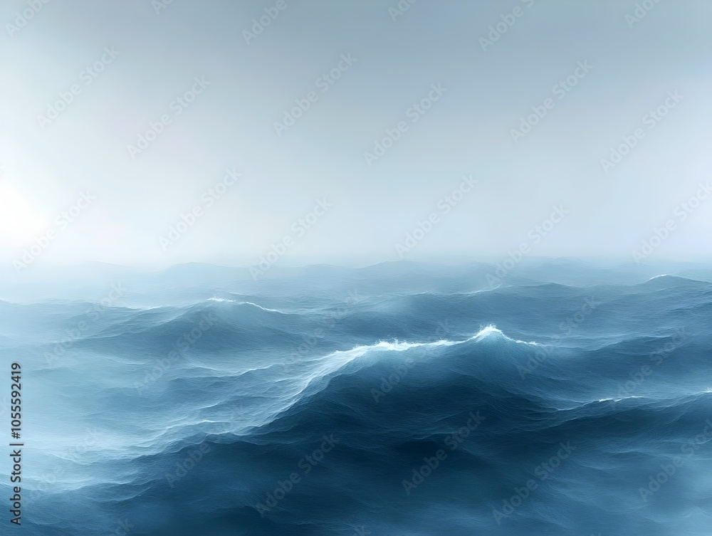Poster a serene view of rolling ocean waves in varying shades of blue, creating a tranquil atmosphere. the 