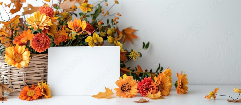 Poster stunning fall arrangement with a blank card in the backdrop of a white surface for copy space image