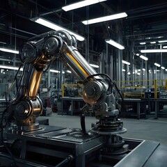 Fototapeta premium Robot Arms at Bright Electronics Factory. Component Installation on Circuit Board. Electronic Devices Production Industry