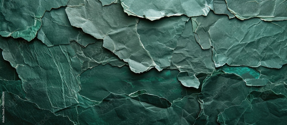 Poster close up image of textured dark green paper resembling dense cardboard serves as a background with c