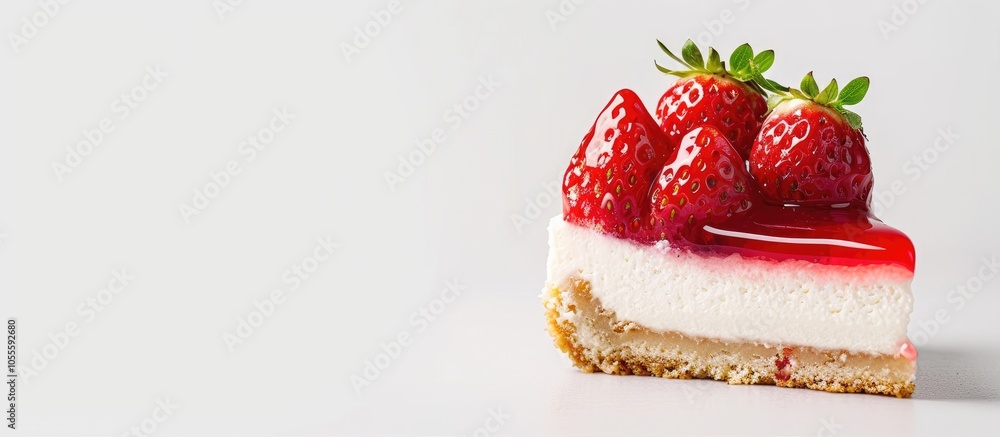 Poster a delectable strawberry cheesecake with a blank space around it on a white background in a copy spac