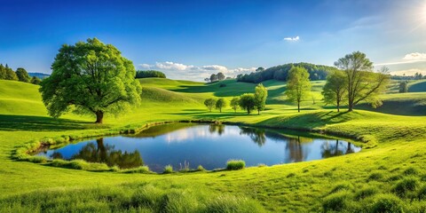 A lush green meadow with a small pond and various types of trees, surrounded by rolling hills and a clear blue sky, serenity, ponds, natural scenery, green background