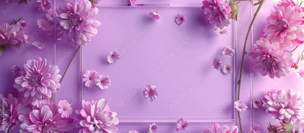 Poster purple background with fresh flowers and glass frames creating copy space image