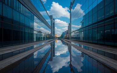 Naklejka premium Modern architecture blue glass buildings reflecting sky and clouds water urban design contemporary 