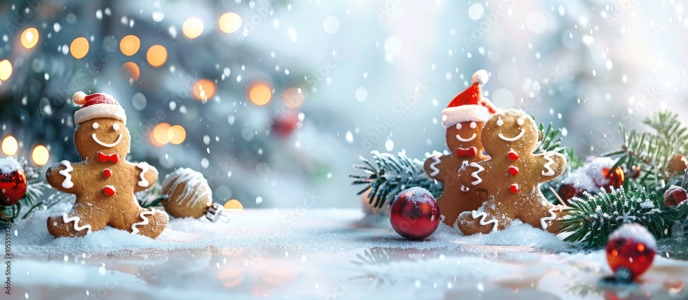 Poster snowy background adorned with christmas decorations like gingerbread men fir tree branches and light