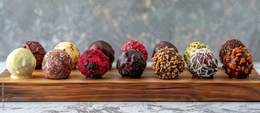 Poster various flavored truffles displayed on a wooden platter against a grey backdrop with copy space imag