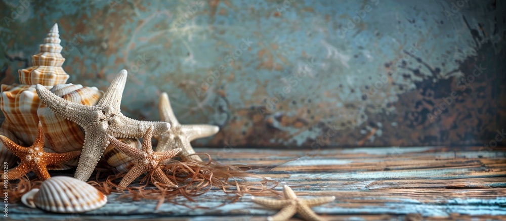 Poster table with sea shells and starfish ideal for a summer theme offering abundant copy space image for t
