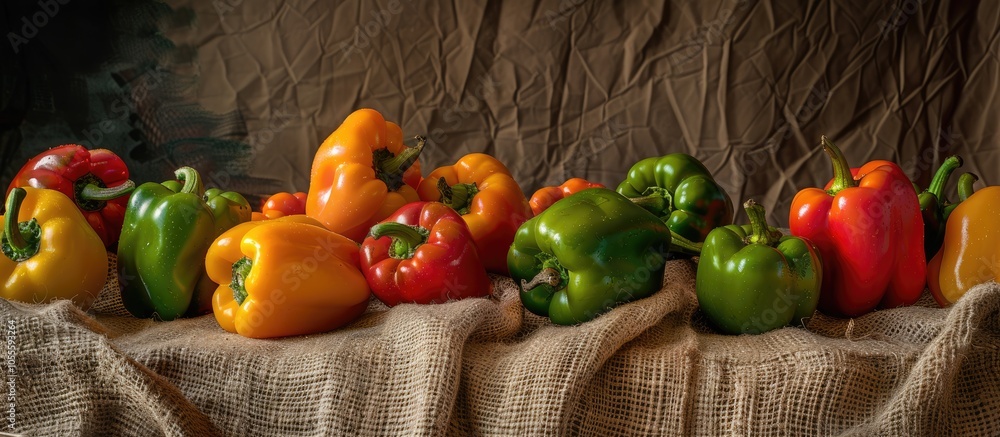 Poster a display of colorful bell peppers on a rustic linen cloth with abundant copy space image