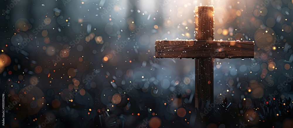 Poster close up view of a wooden cross set against a background of softly blurred lights designed for text 