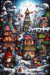 Fototapeta premium Santa Claus village at North Pole. Doodle drawing design. Generative Ai