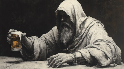 Monastic life and fellowship: monk enjoying beer in intricate sketch