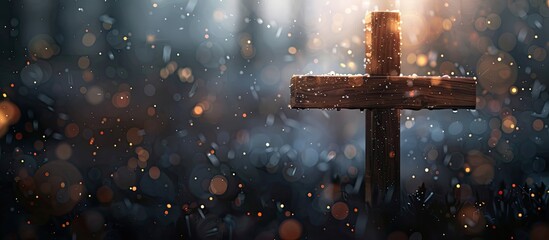 Close up view of a wooden cross set against a background of softly blurred lights designed for text overlay in pictures Represents the Christian faith. Copy space image