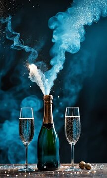 2025 New Year's Eve Party Celebration vertical video. Blue fireworks explosion and celebration champagne bottle and champagne glasses bokeh vertical video background. Copy paste area for text