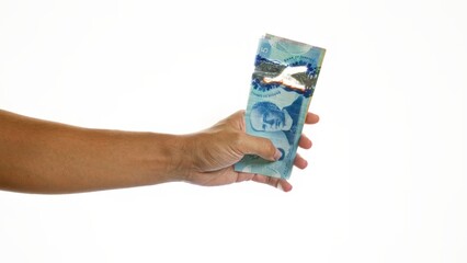 Hand holding canadian dollars over isolated white background showcasing money transaction and...