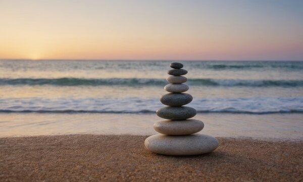 A stack of smooth stones balanced on a sandy beach with ocean waves in the background during sunset, symbolizing balance and tranquility