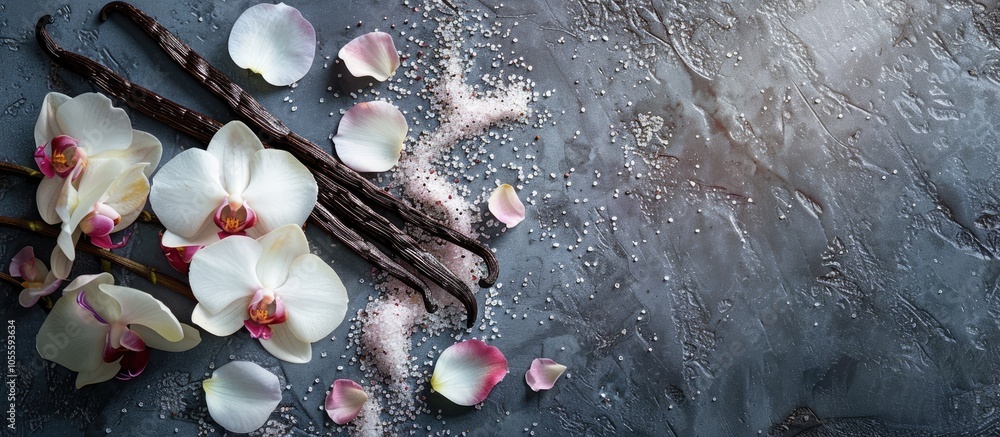 Poster close up shot of vanilla pods sugar flowers and petals arranged on a textured gray table suitable fo