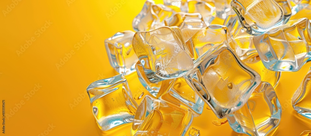 Poster vivid ice cubes with clear transparency set against a yellow backdrop presented in a top down arrang