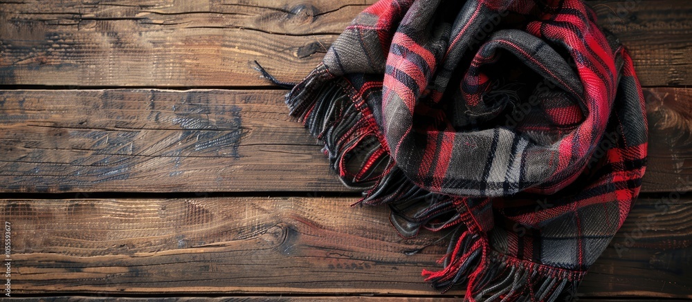 Poster top view of a soft checkered scarf neatly displayed on a rustic wooden table with ample copy space i