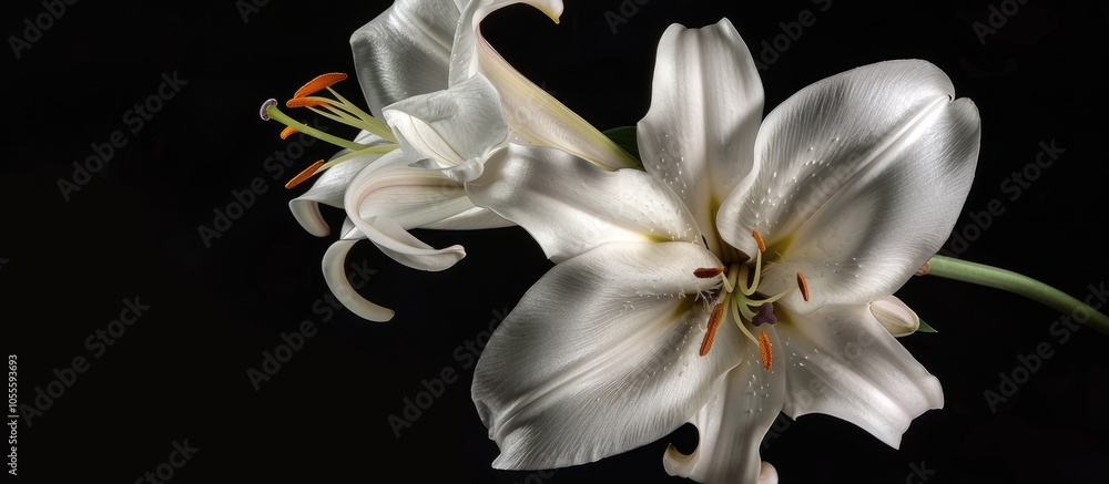Aufkleber top view of a white lily bouquet on a black background with available copy space image