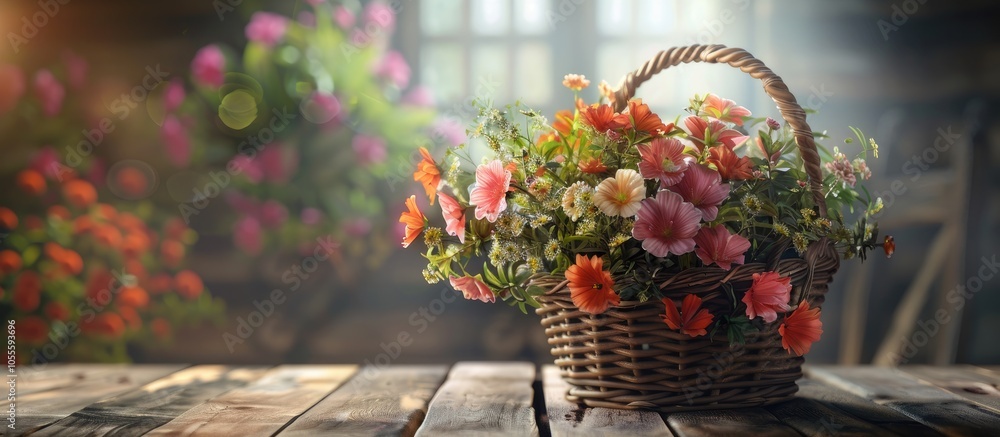 Poster indoor setting with a wicker basket filled with lovely flowers atop a wooden table perfect for inser