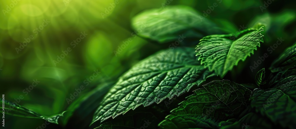 Poster dark green leaf in focus with green backdrop and ample copy space for a background image concept