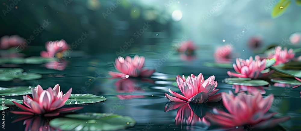 Poster close up of pink lilies floating on a pond with a blank area for text or design known as copy space 