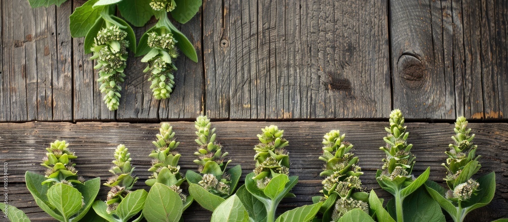 Poster top view of lovely mullein plants arranged on a rustic wooden table suitable for text placement in t