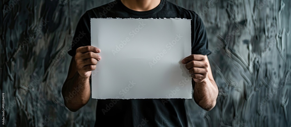 Poster a person in a black shirt is holding a blank white paper against a dark background making it a great