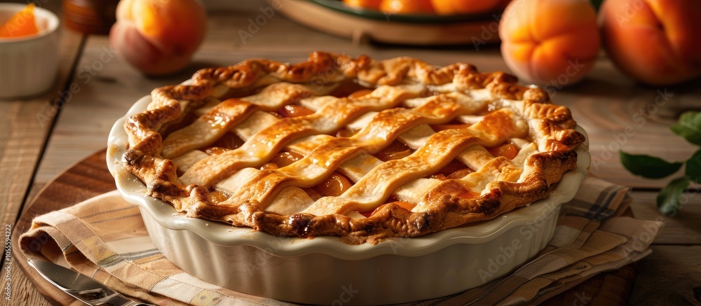 Poster apricot pie displayed in a baking dish on a rustic wooden table with ample copy space image