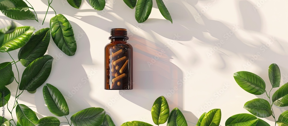 Aufkleber top view mockup of pill bottle with green leaves ideal for vitamins and supplements creating a natur