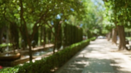 Blurred park path in mallorca with lush greenery and defocused background on a sunny day.