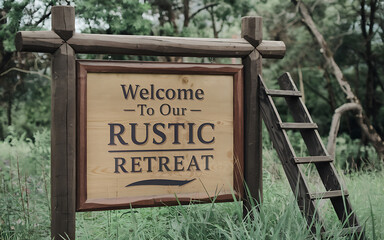 Fototapeta premium Rustic wooden sign with ladder brown and cream nature retreat concept peaceful escape 
