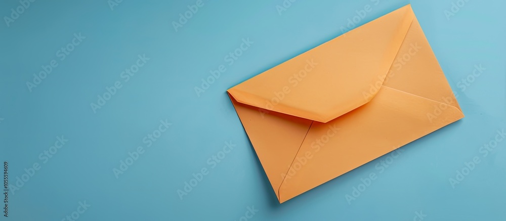 Poster top view of a beige envelope with an empty orange sheet on a blue surface presenting a mock up with 